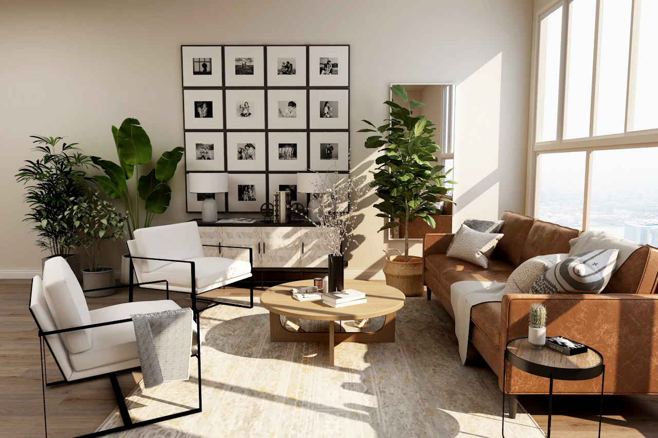 Interior de inspiración con tonos naturales, sofás y luz cálida